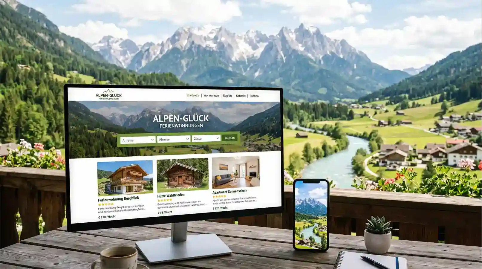 Moderne Ferienwohnung-Website auf Laptop und Smartphone